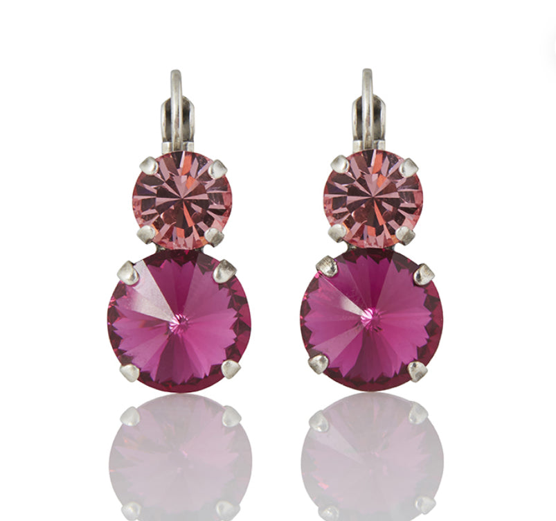 Firucci crystal ROSE & FUCHSIA DOUBLE DROP EURO HOOK EARRINGS.