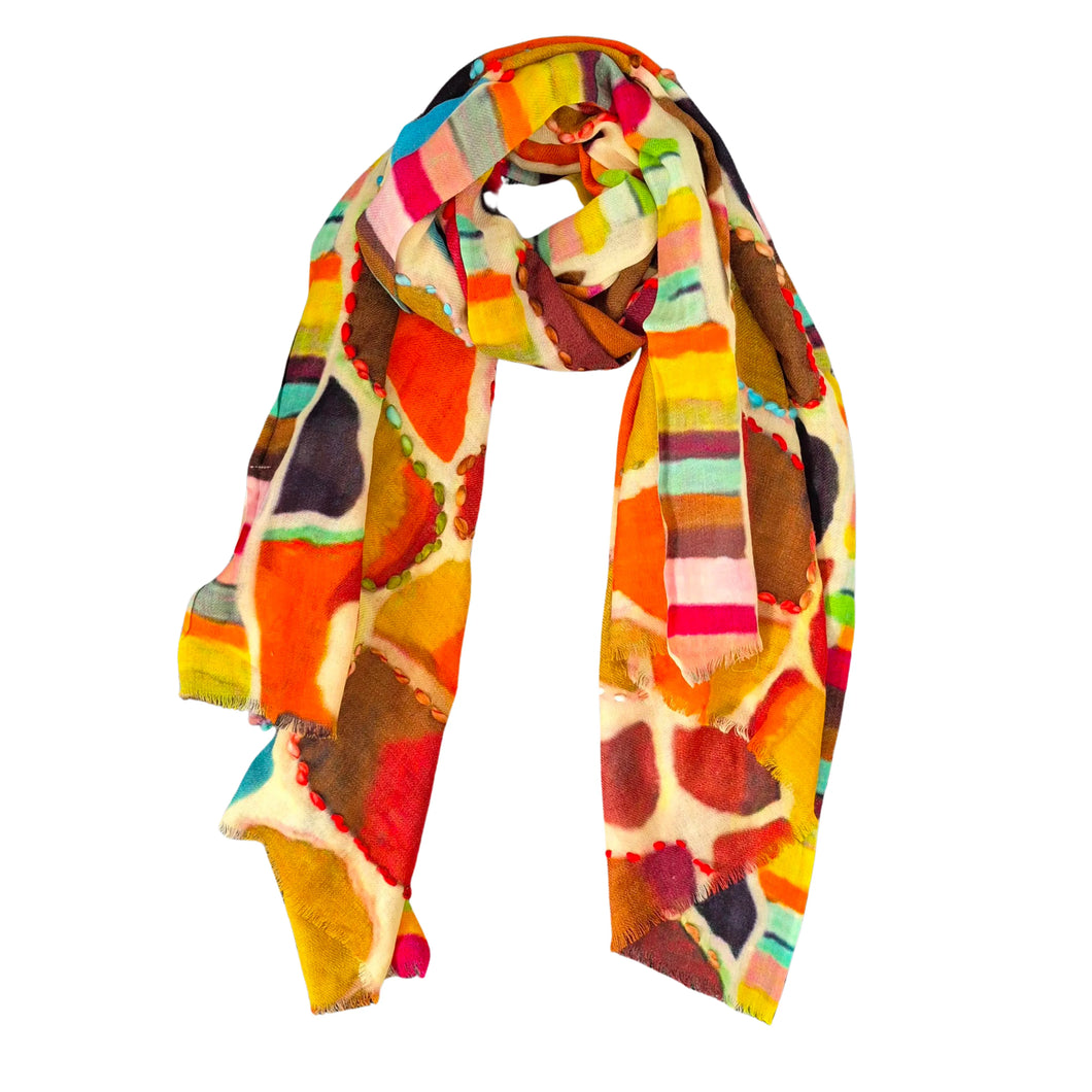 Painted and embroidered scarf abstracts