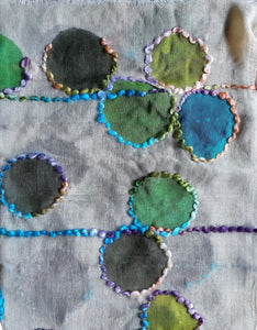Painted and embroidered scarf aqua circles