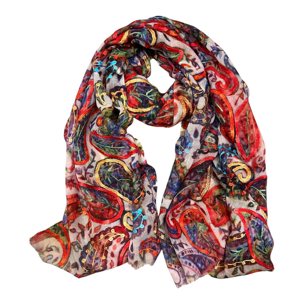 Art embroidery scarf merino wool paisley