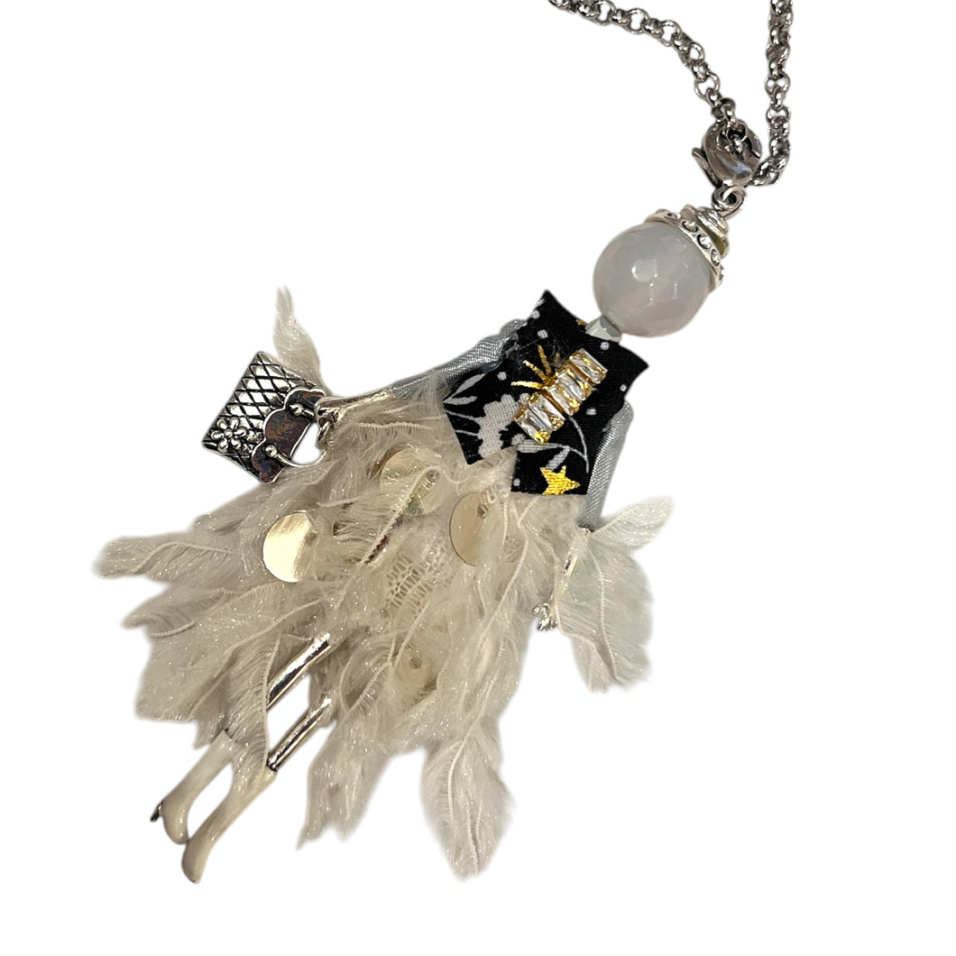 French doll necklace white feathers