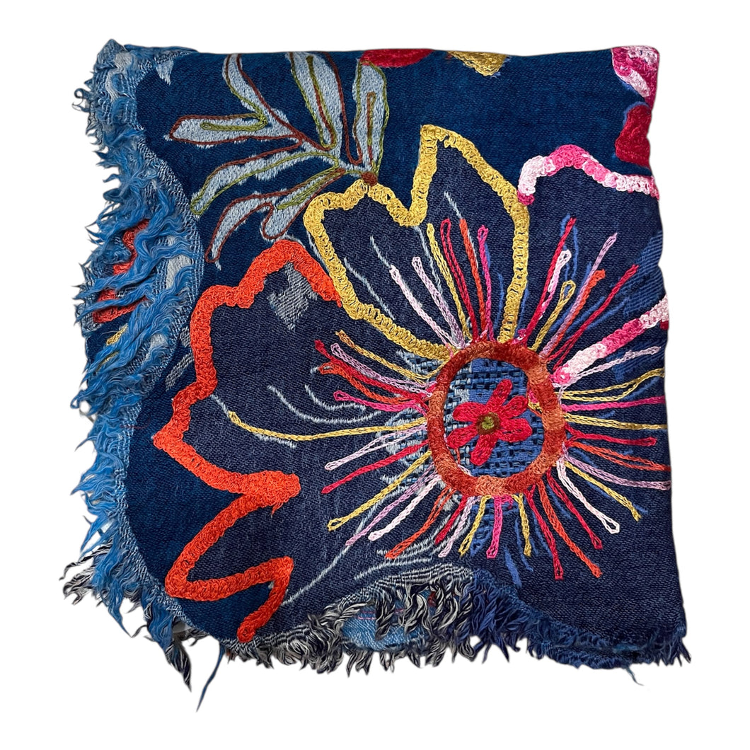 Art embroidery scarf merino wool silk flower