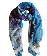 Load image into Gallery viewer, Painted and embroidered scarf aqua
