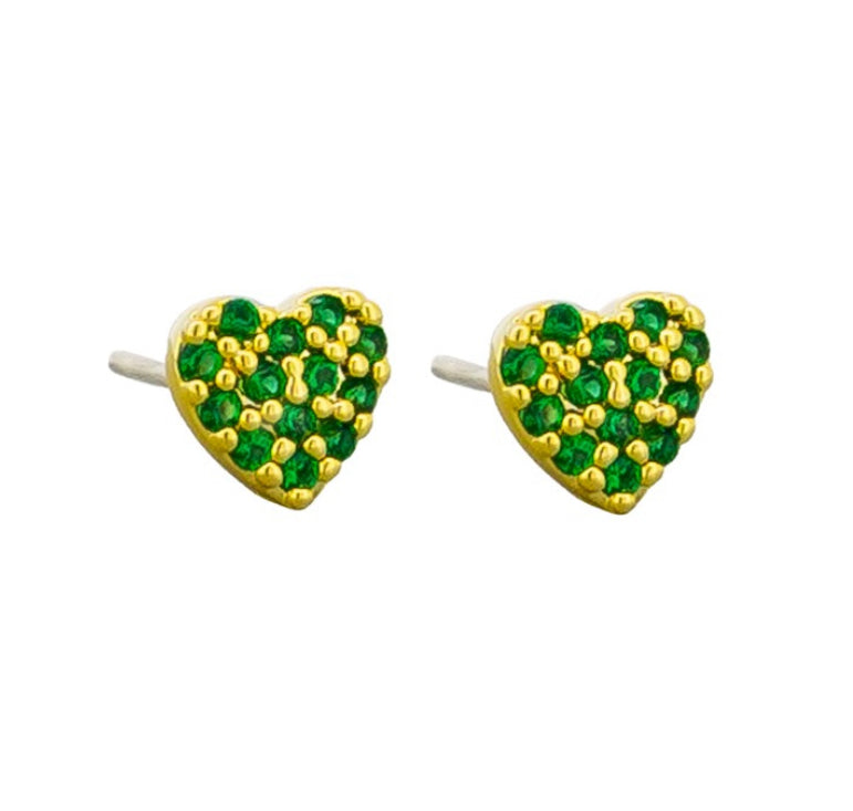 Tiger tree Gold Emerald Heart Studs