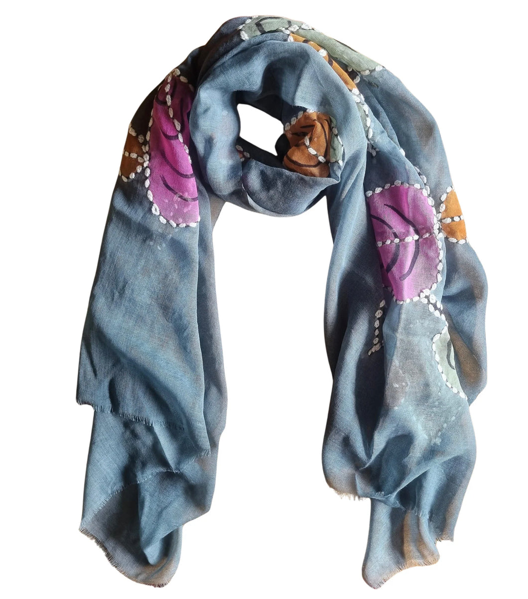 Painted and embroidered scarf grey blue tones