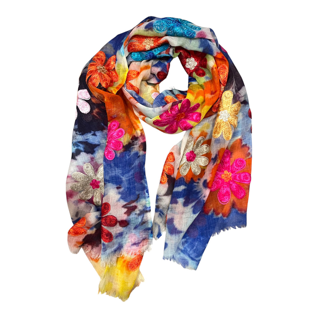 Art embroidery scarf merino wool garden