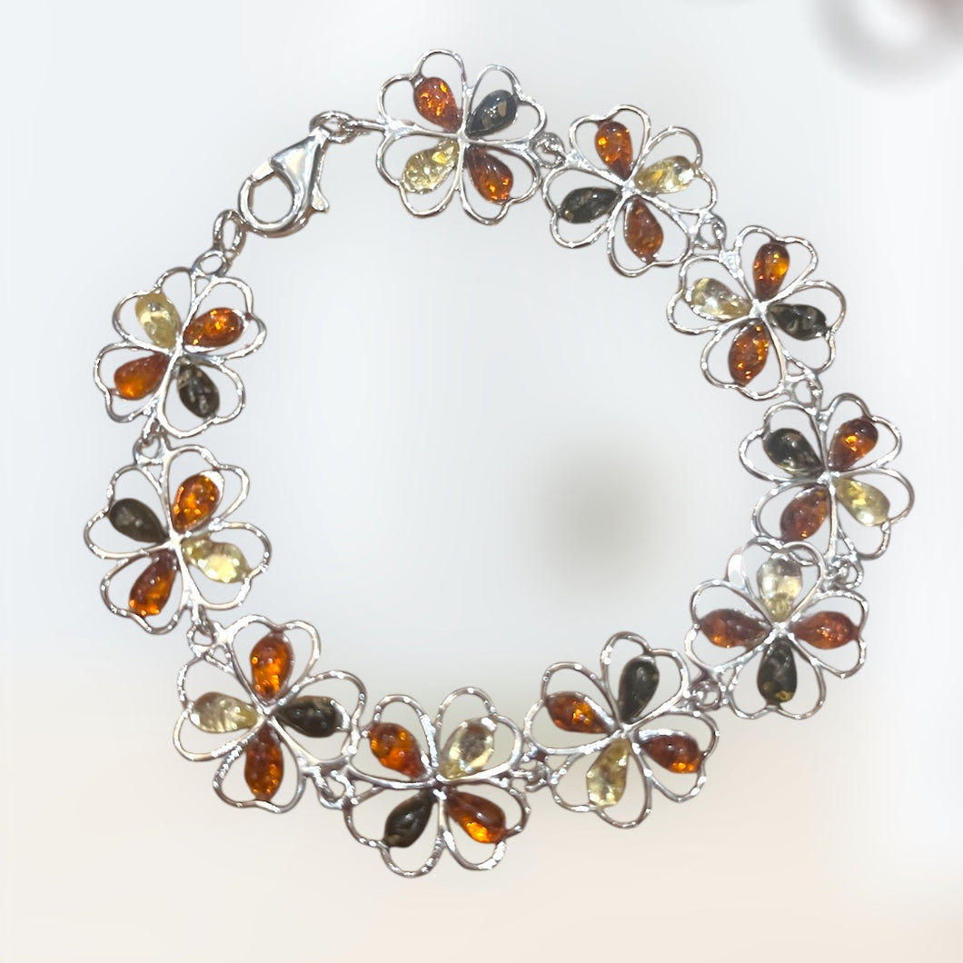 Amber Bracelet multicolor flower sterling silver