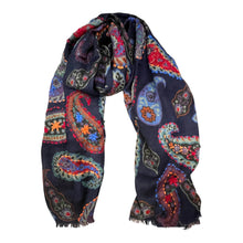Load image into Gallery viewer, Art embroidery scarf merino wool midnight
