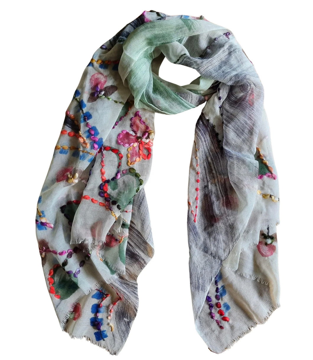 Painted and embroidered scarf light grey
