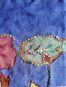 Painted and embroidered scarf blue sea