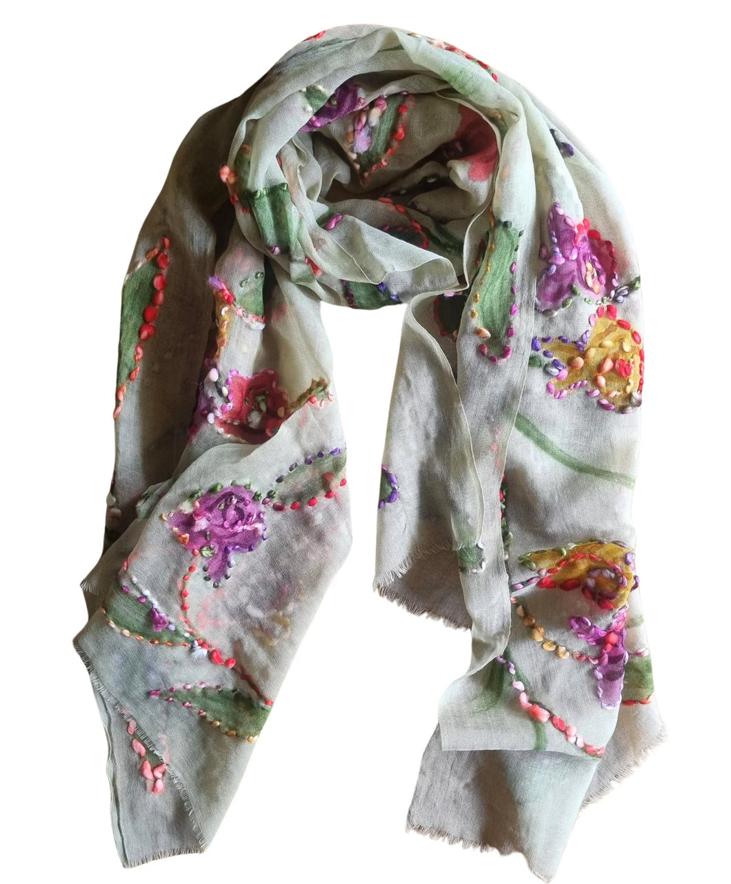 Painted and embroidered scarf nature