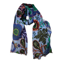 Load image into Gallery viewer, Art embroidery scarf merino wool denim blue
