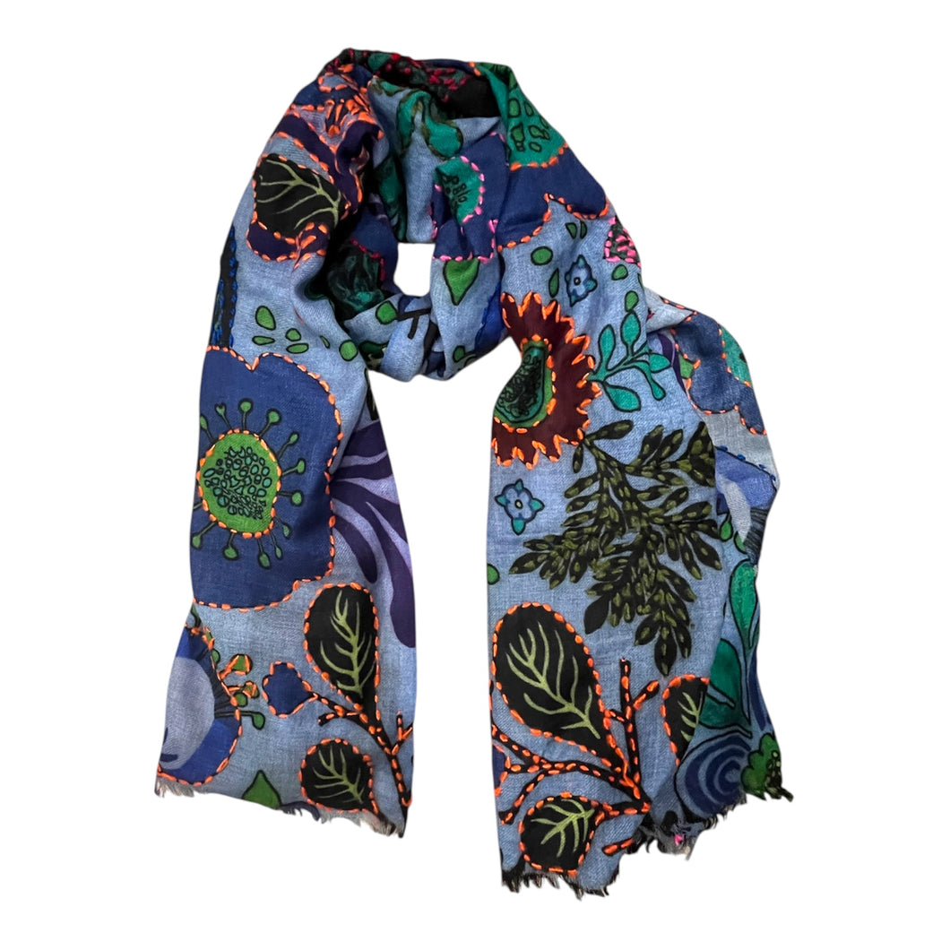 Art embroidery scarf merino wool denim blue