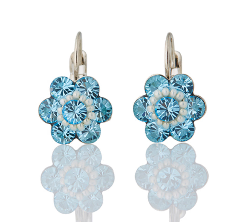 FIRUCCI   AQUAMARINE PETITE CRYSTAL FLOWER EARRING 2.1CMS LENGTH