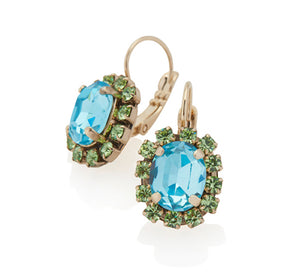 FIRUCCI AQUA & PERIDOT OVAL CRYSTAL SET DROP EARRINGS.