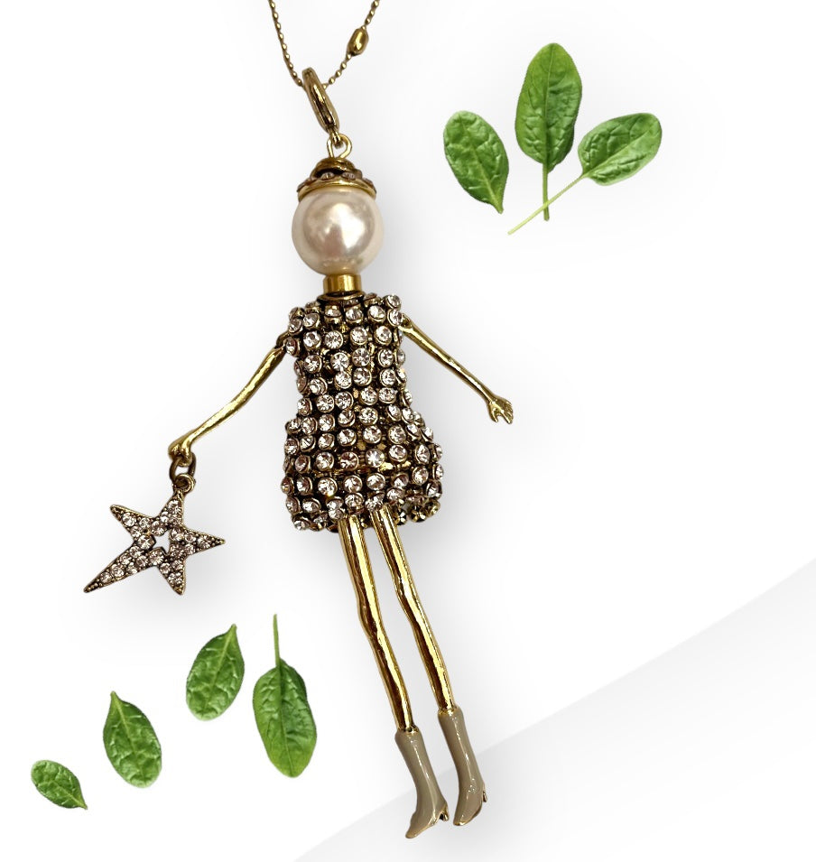 French doll necklace garden sparkly girl gold