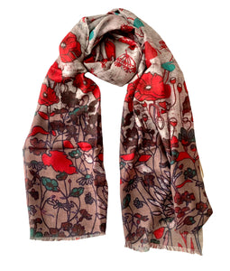 Wearable art scarf merino wool silk poppies
