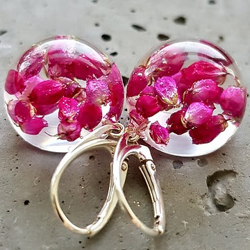 Resin sterling silver  pink heather earings with short hoop