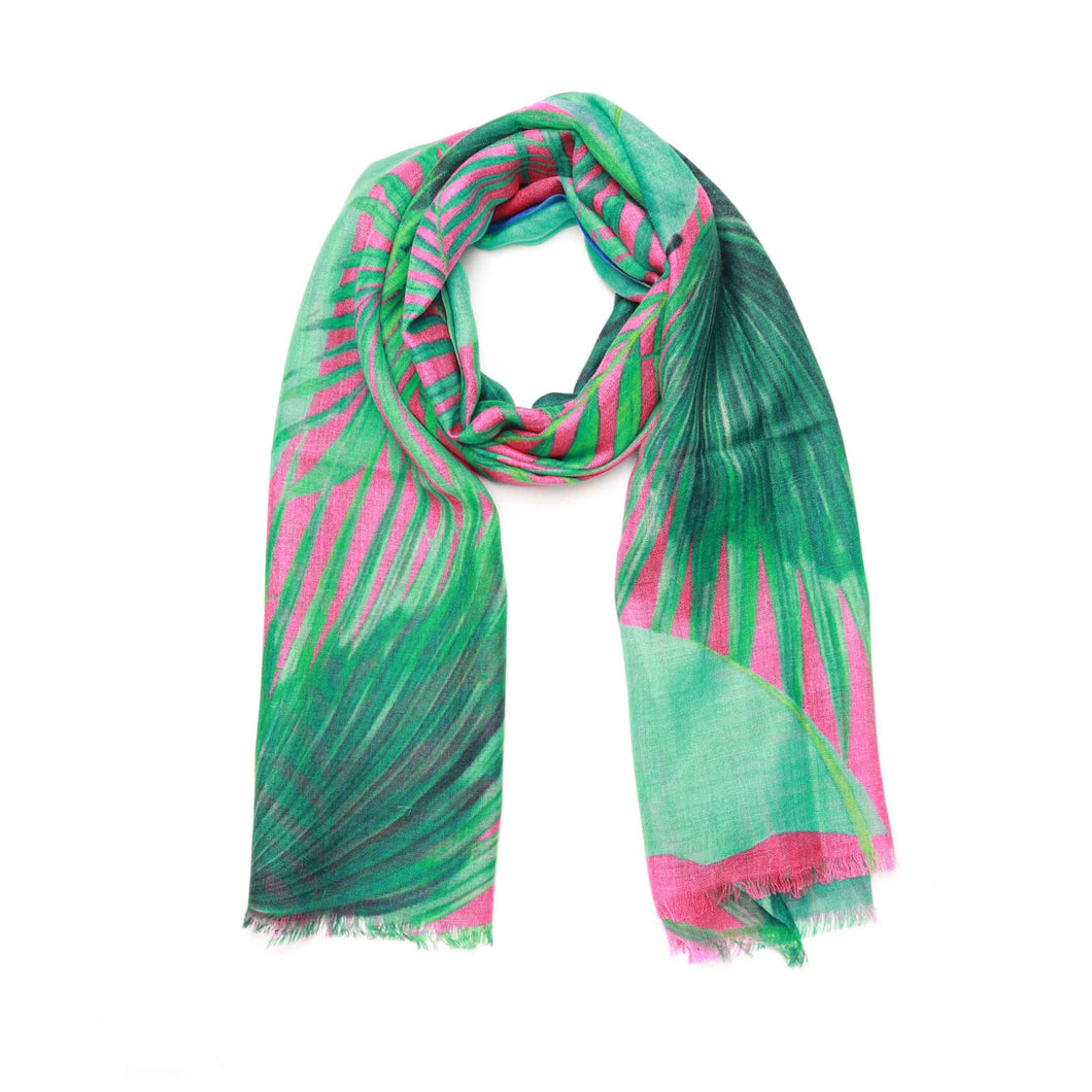 Wearable art scarf merino wool silk tropical