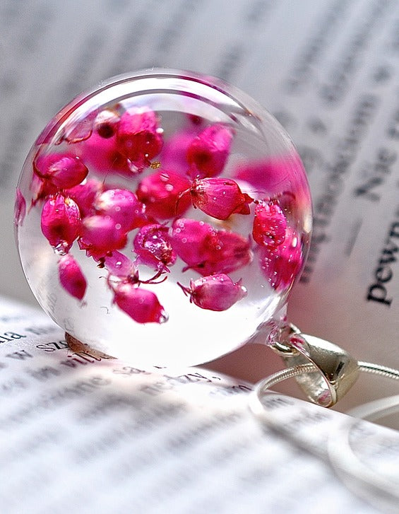 Resin sterling silver necklace bright pink heather