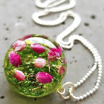 Resin sterling silver necklace with heather flowers