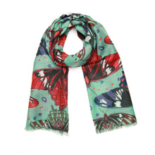 Load image into Gallery viewer, Wearable art scarf merino wool silk butterflies
