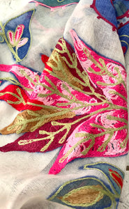Art embroidery scarf merino wool silk wildflower