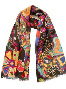 Art embroidery scarf merino wool silk garden