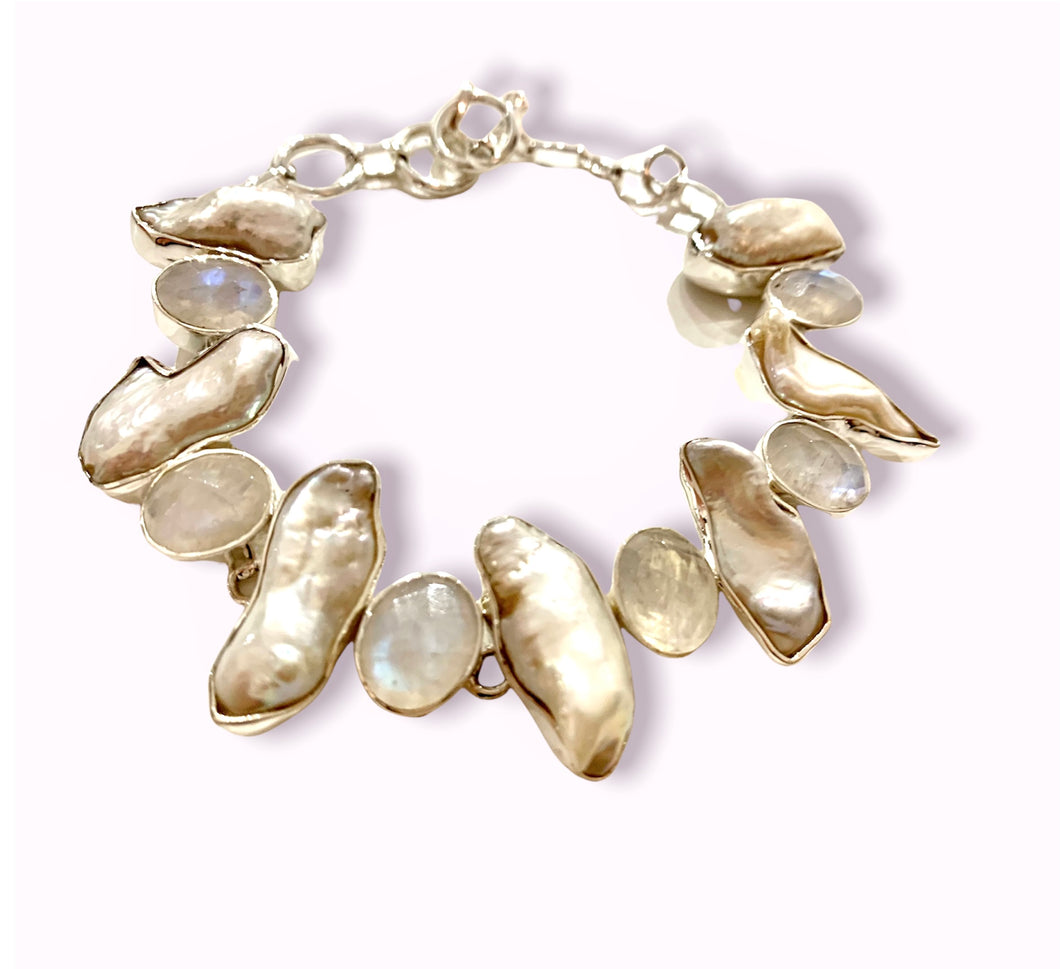 Stone sterling silver bracelet moonstone/fresh water pearl