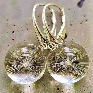 Resin  gold plated  earings with gold sparkly dandelions short hoop.