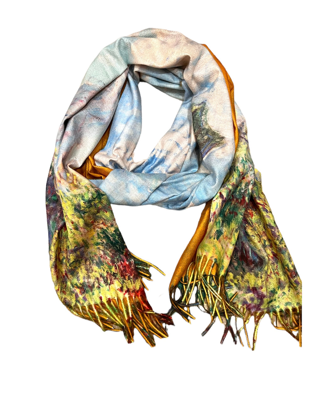 Cashmere luxurious art scarf lady with umbrella