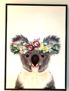 Koala with flowers framed canvas. Black frame.