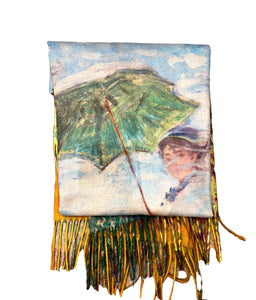 Cashmere luxurious art scarf lady with umbrella