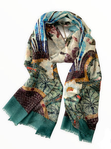 Wearable art scarf merino wool silk mosaic