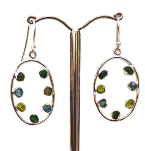 Mixed semiprecious green onyx, malachite rough sterling silver earrings