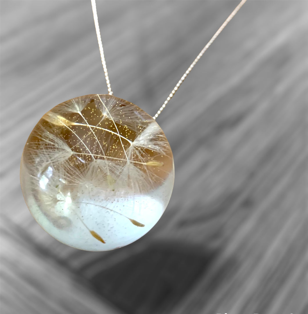 Resin sterling silver necklace with white/ gold dandelion (chain included)