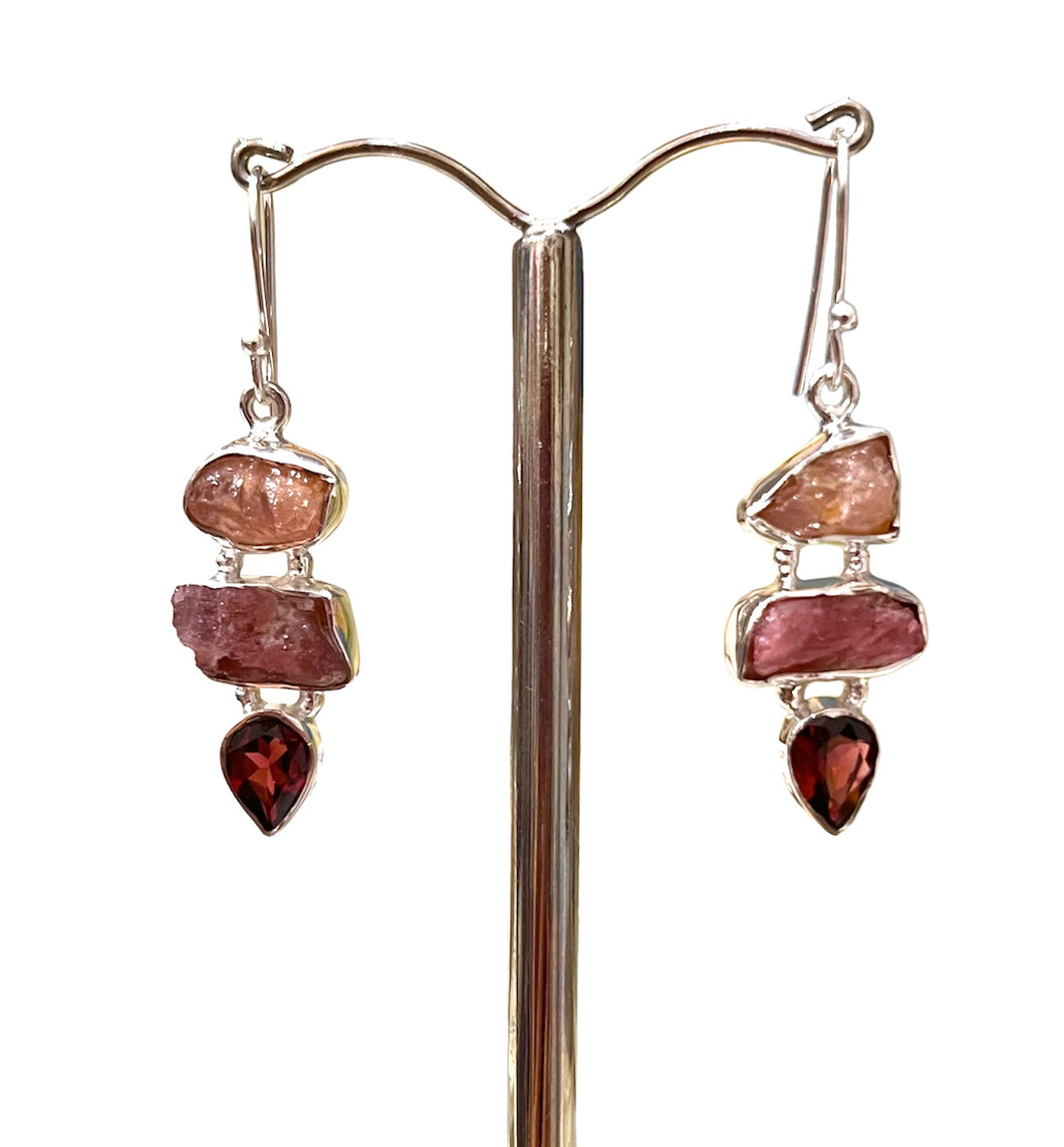 Mixed semiprecious stone rough , ruby pink quartz sterling silver earrings