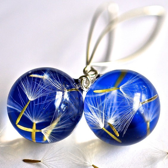 Resin Sterling  silver  blue dandelion earings with long  hoop