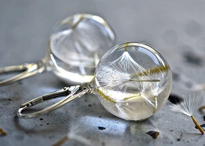 resin sterling silver earrings with white dandelions short hoop.